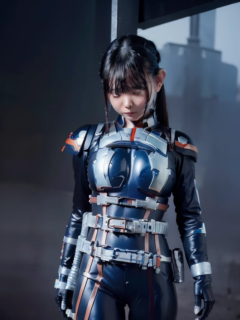 Highest quality,masterpiece,Ultra-high resolution, Very detailed, 8k,(Beautiful woman),Beautiful 25-year-old Japanese woman:1.5,Black hair ponytail、((Crucifixion)),torture,slave,((クロスにCrucifixionにされた女性:1.5)),Crucifixion刑,(((Shiny blue and white futuristic hero suit))), (Blue and white shiny hero suit, Big Breasts、Voluptuous body)、Torn Costume、(((Dirty outfit)))、((Torn Costume)), ((Scream with a look of pain)), (((A body covered in scars))),Military Harness,