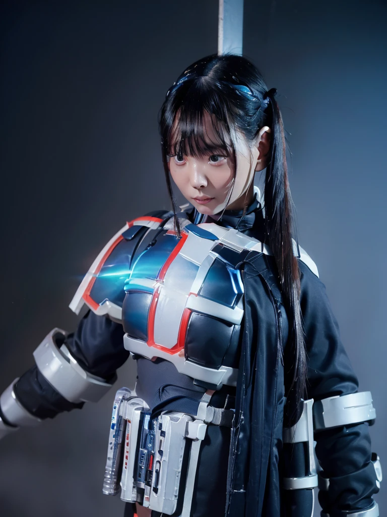 Highest quality,masterpiece,Ultra-high resolution, Very detailed, 8k,(Beautiful woman),Beautiful 25-year-old Japanese woman:1.5,Black hair ponytail、((Crucifixion)),torture,slave,((クロスにCrucifixionにされた女性:1.5)),Crucifixion刑,(((Shiny blue and white futuristic hero suit))), (Blue and white shiny hero suit, Big Breasts、Voluptuous body)、Torn Costume、(((Dirty outfit)))、((Torn Costume)), ((Scream with a look of pain)), (((A body covered in scars))),Military Harness,