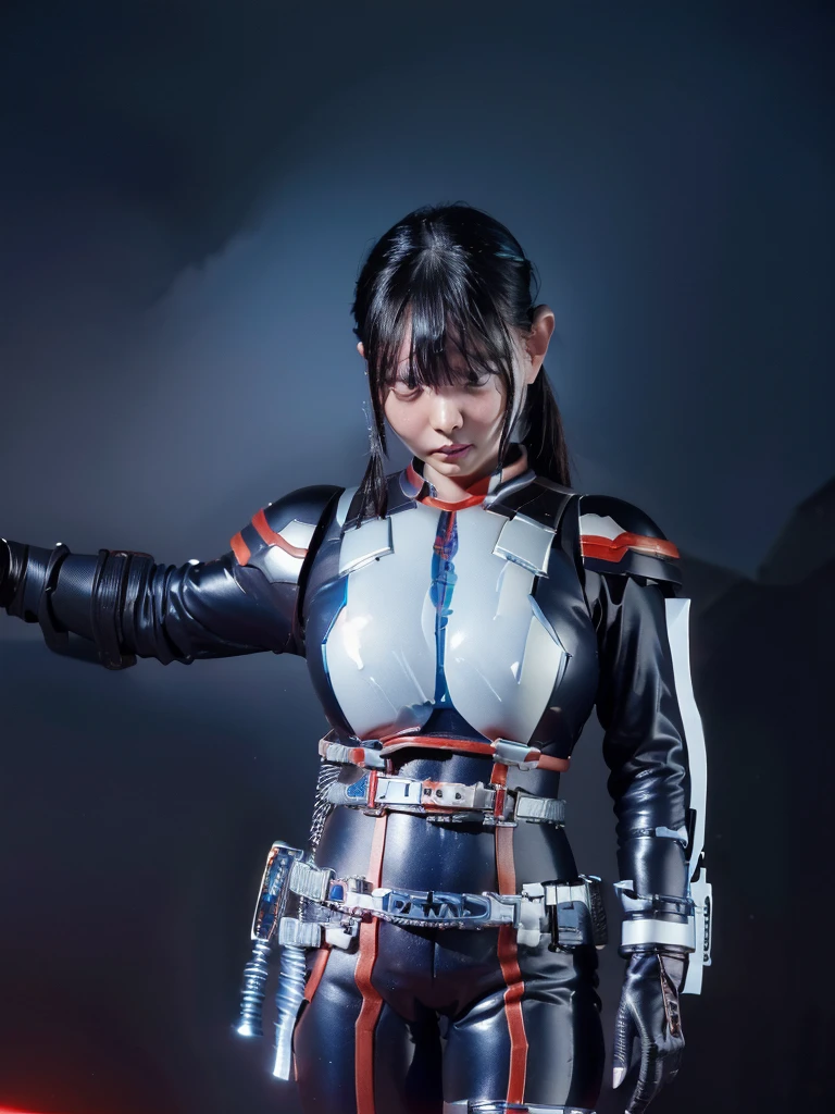 Highest quality,masterpiece,Ultra-high resolution, Very detailed, 8k,(Beautiful woman),Beautiful 25-year-old Japanese woman:1.5,Black hair ponytail、((Crucifixion)),torture,slave,((クロスにCrucifixionにされた女性:1.5)),Crucifixion刑,(((Shiny blue and white futuristic hero suit))), (Blue and white shiny hero suit, Big Breasts、Voluptuous body)、Torn Costume、(((Dirty outfit)))、((Torn Costume)), ((Scream with a look of pain)), (((A body covered in scars))),Military Harness,