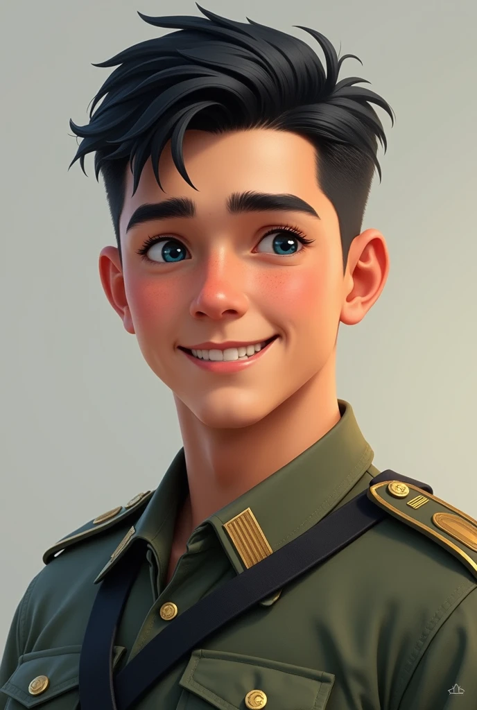 create a realistic image of an eighteen-year-old military man with black hair and blue eyes, smiling and cheerful