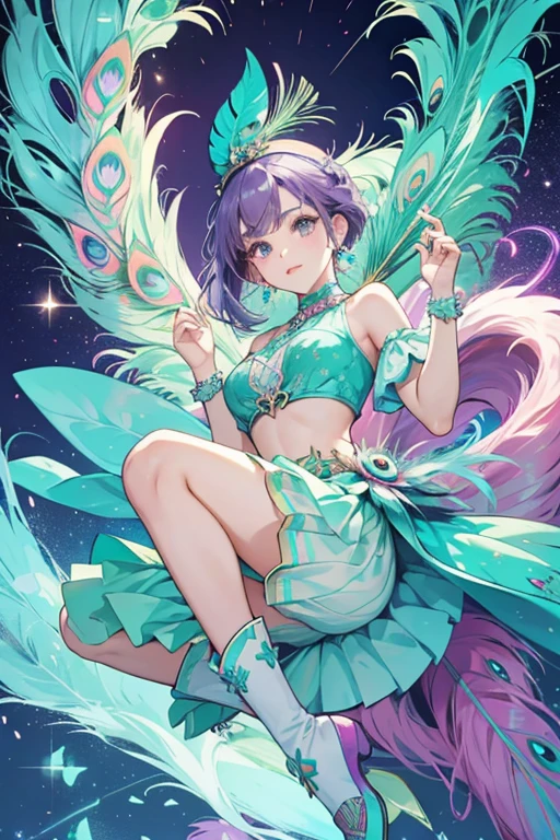Patter is a light teal peacock with purple hair and feathers.
She wears a teal top and skirt with a feather design.
She comes with a teal headpiece and light green shoes. SPARKLE; GLITTER
