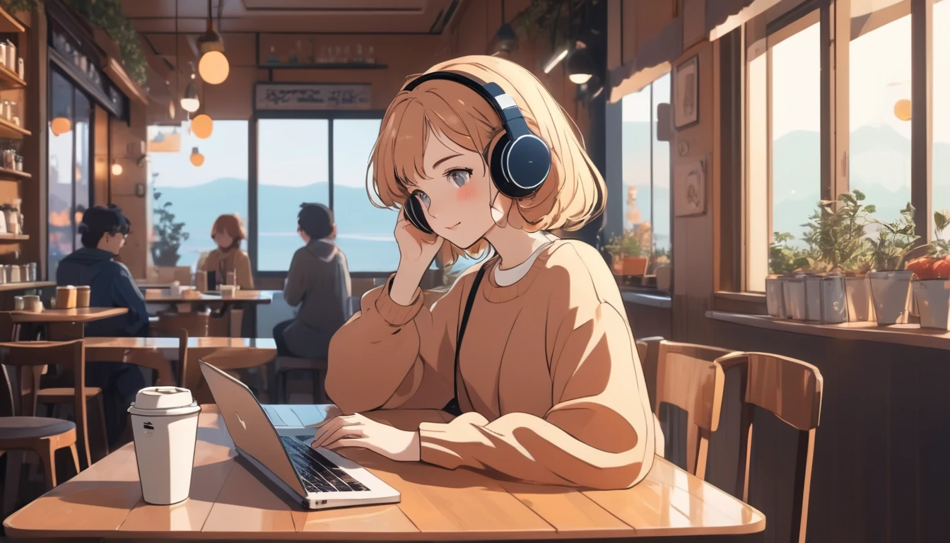 Woman listening to music in a cafe、, Wide-angle lens, Lofi Anime, Illustration of Rofi, Aesthetic atmosphere, Lo-Fi Style, Vector art, Flat Design, Simple shape, Warm tones, Pleasant atmosphere, Chill, Anime Style, Digital drawing, Vector art, Vector logo for t-shirt printing, (Adorable:1.5), (small:1.4), (Playful:1.2), (soft:1.3), (Whimsical:1.1), masterpiece, Highest quality, 8k, Intricate details, growing up, Celestial, mysterious, Picturesque, wonderful, Majestic, magic, Fantasy art, Cover art, dream-like