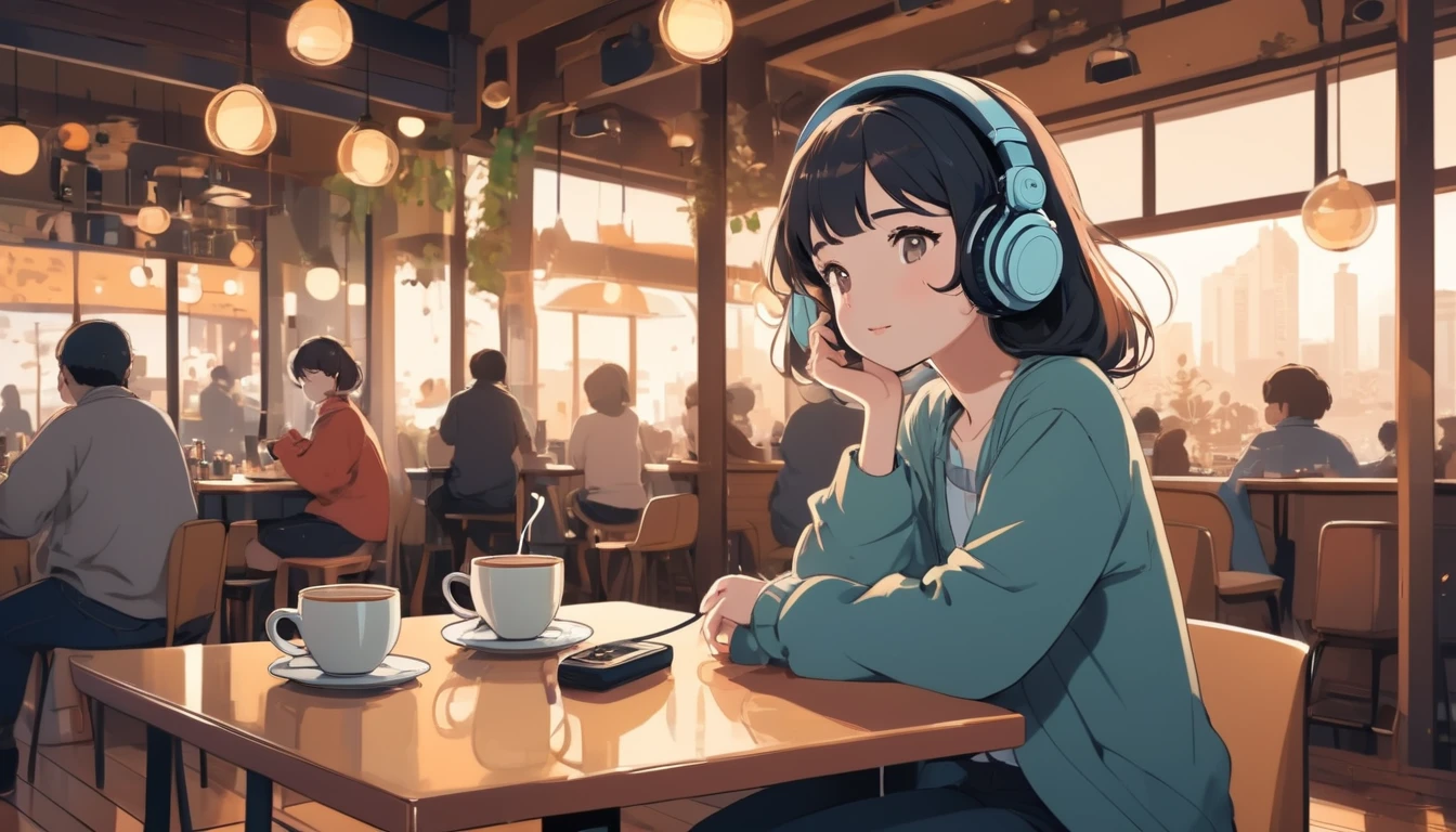 Woman listening to music in a cafe、, Wide-angle lens, Lofi Anime, Illustration of Rofi, Aesthetic atmosphere, Lo-Fi Style, Vector art, Flat Design, Simple shape, Warm tones, Pleasant atmosphere, Chill, Anime Style, Digital drawing, Vector art, Vector logo for t-shirt printing, (Adorable:1.5), (small:1.4), (Playful:1.2), (soft:1.3), (Whimsical:1.1), masterpiece, Highest quality, 8k, Intricate details, growing up, Celestial, mysterious, Picturesque, wonderful, Majestic, magic, Fantasy art, Cover art, dream-like