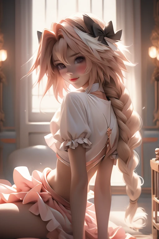 ((masterpiece)), ((best quality)), (detailed), astolfo, Beautiful, Beautifu and slim perfect body, slim body, really female, slim female body, female, very innocent smile, innocent smile, femboy, boy, bright pink hair, spiky hair, short hair, a long braid, lock of white hair on left side, perfect, solo, gorgeous femenine person, mini top, crop top, wedding dress, mini dress, micro skirt, mini skirt, bridal veil on the head, small bulge, luscious lips, long hair, sexy,