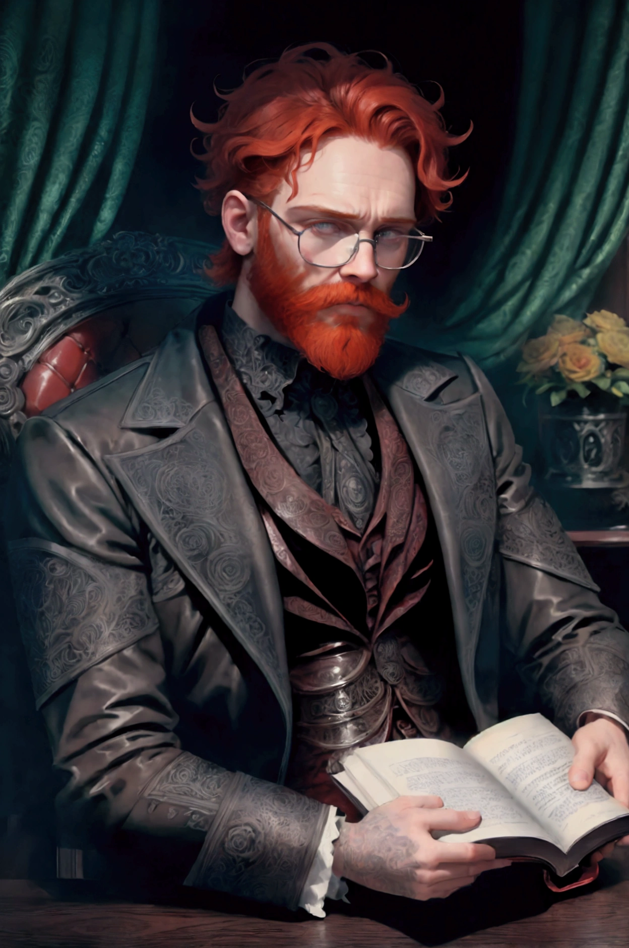 Young, handsome man, 26 years, Ginger, short curly hair, thick red beard, frowning, thoughtful look, looking away, sitting in a chair and holding a book. Dark eyes, frowning взгляд, wearing glasses with round frames. Broad-shouldered, thin, high. victorian era, detailing, little light