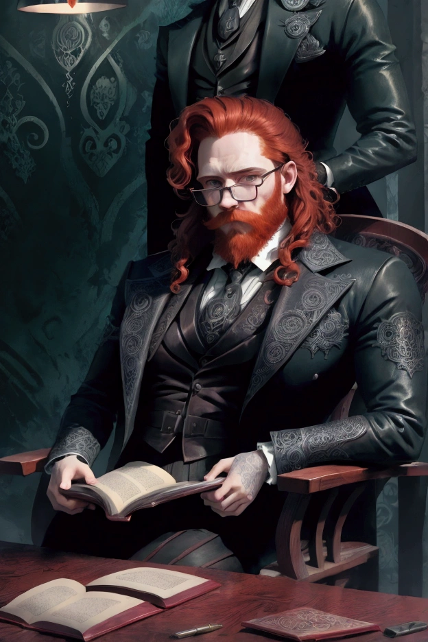 Young, handsome man, 26 years, Ginger, short curly hair, thick red beard, frowning, thoughtful look, looking away, sitting in a chair and holding a book. Dark eyes, frowning взгляд, wearing glasses with round frames. Broad-shouldered, thin, high. victorian era, detailing, little light