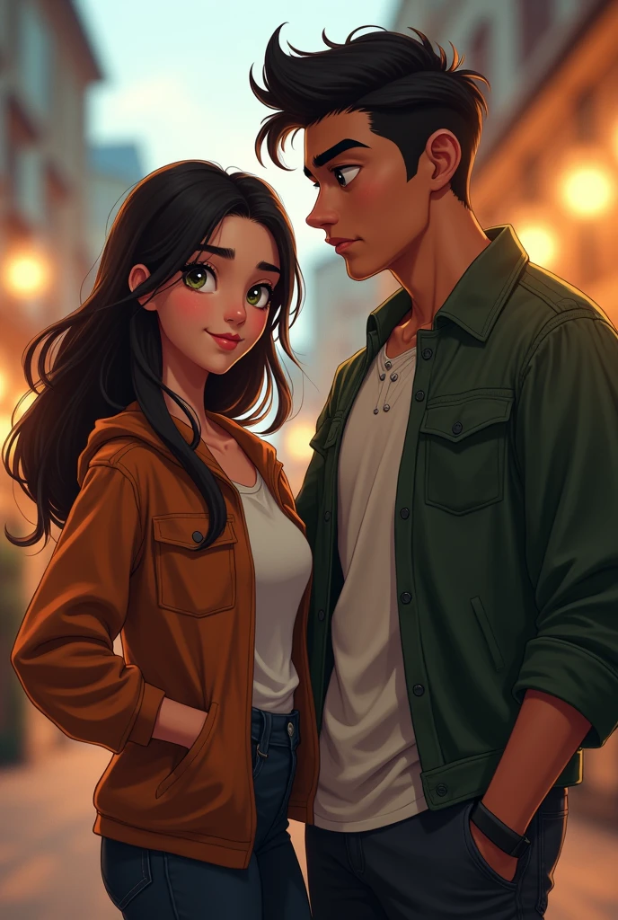 Certainly! Here’s a description of Zarcheous and Alyana in their age years:
Zarcheous:
He's handsome Zarcheous, at around , has a striking presence with a tall, athletic build. His skin is a deep white, hinting at time spent outdoors. He has short, wavy black hair styled in a modern cut and intense, dark brown eyes that convey both confidence and depth. His facial features are sharp, with high cheekbones and a strong jawline. He typically wears casual yet fashionable clothes—like a fitted t-shirt and distressed jeans—complemented by a pair of sleek sneakers. His demeanor is both charismatic and slightly aloof, reflecting his self-assured nature.
Alyana:
Do not show the cleavage Alyana, also 17, has a graceful and engaging appearance. She has long, straight hair that’s a rich, dark brown, often styled in a loose, effortless way. Her eyes are a striking green, full of curiosity and warmth. Her skin is fair with a hint of a natural glow. She favors a stylish, yet comfortable wardrobe, such as a flowy blouse paired with skinny jeans and ankle boots. Her posture is poised, and her demeanor is approachable and friendly, highlighting her balanced blend of elegance and ease.
