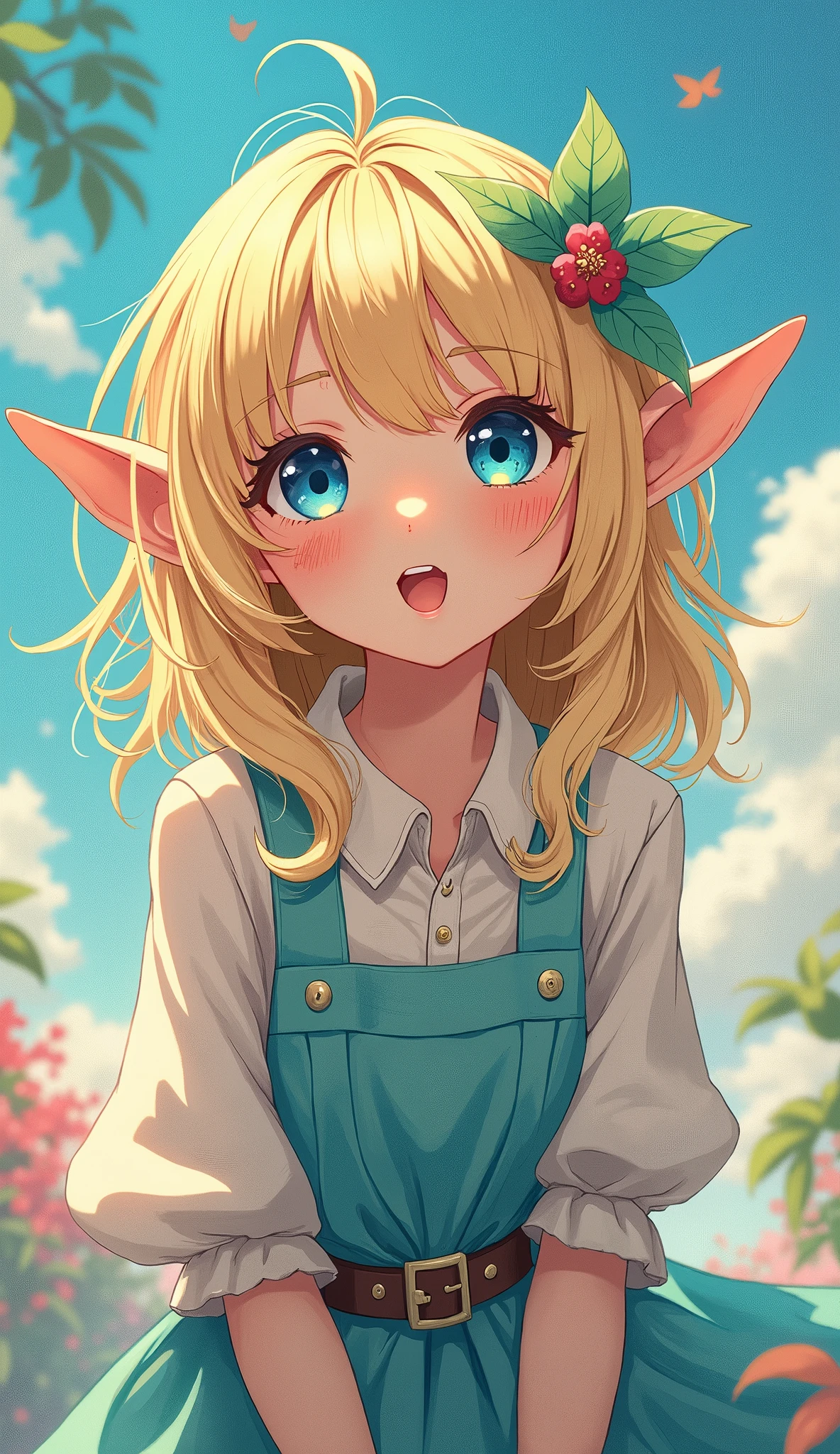 (Japanese Animation:1.2),Illustration,2D,Detailed outlines,Top quality, best picture quality,(Amazingly absurd:1.2),(Masterpiece:1.2),Blond hair, Suspended eyes, Blue eyes, Cute elf