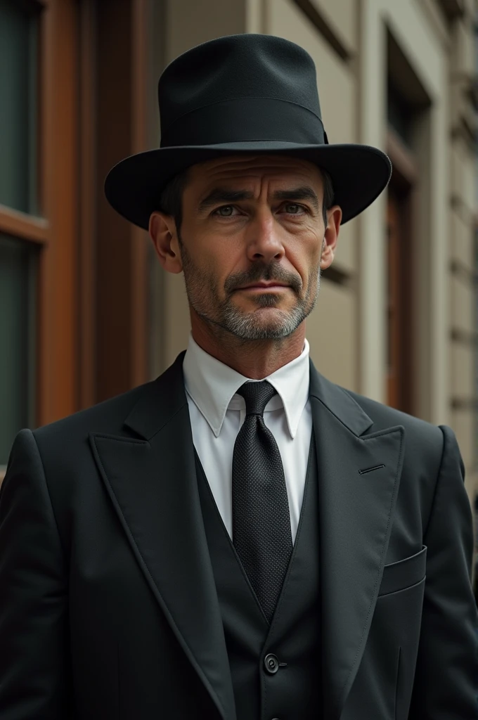 Elegant gentleman man with fallen hat, necktie, Suit