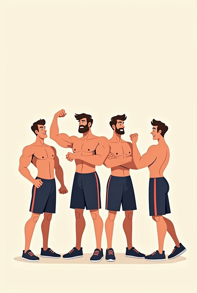 A group of male friends of 4 members gathered together ,they are doing gym poses, sem plano de fundo, line style being cartoon.
