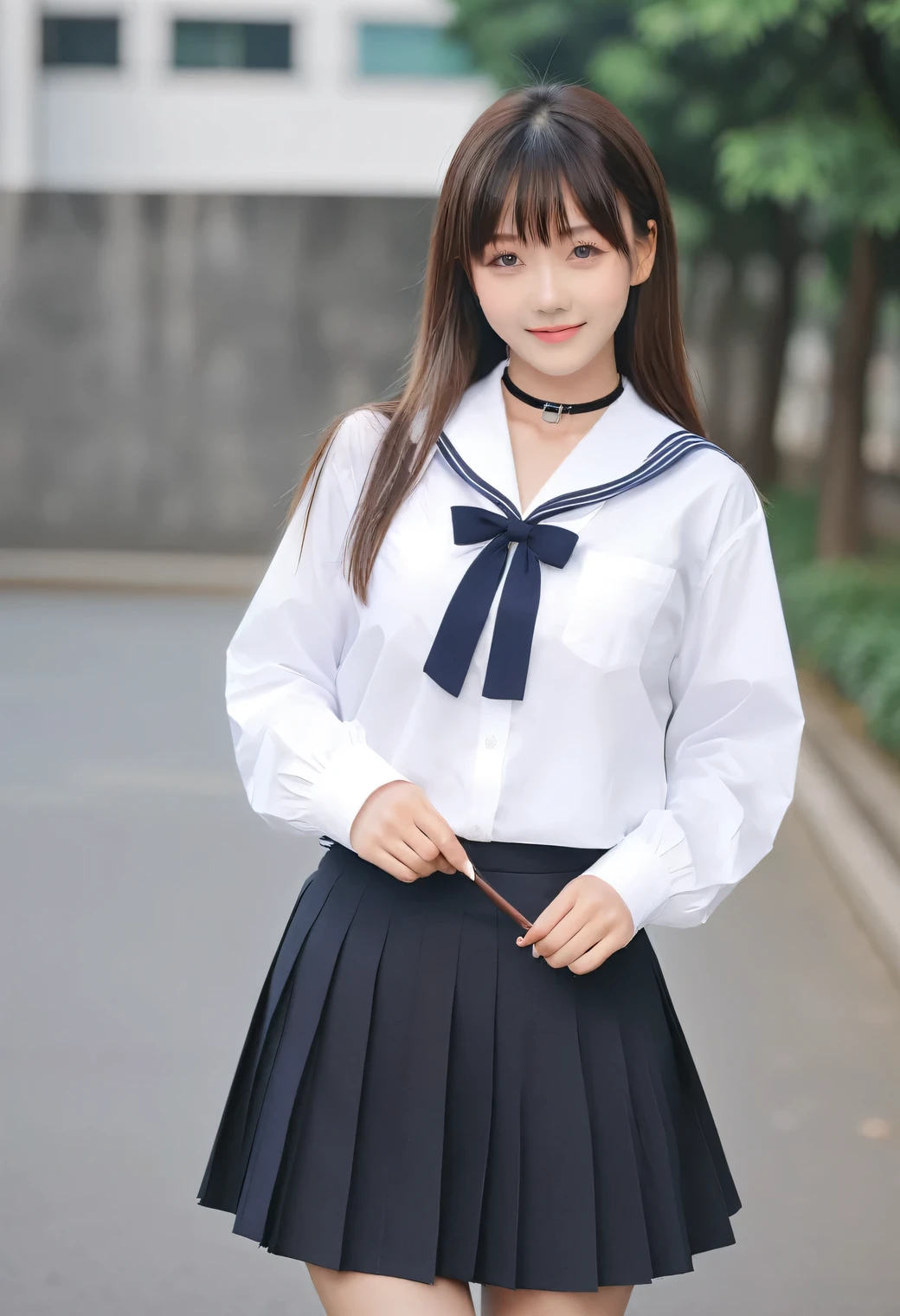 Highest quality、masterpiece、Group photo、((Layered Haircut)),（8k，Highest quality），Full Body Shot，Shot from medium distances，School classルーム，student，class，class，Open-collar shirt、Wear a JK skirt，Full body photo、 Adorable， smile， length, Brown Hair， 32K, masterpiece， Best image quality，Ultra-high resolution，Perfect hands，Black choker、blue eyes、bangs、Very lush and long eyelashes、uniform、 School、Summer clothes、((Big Breasts))