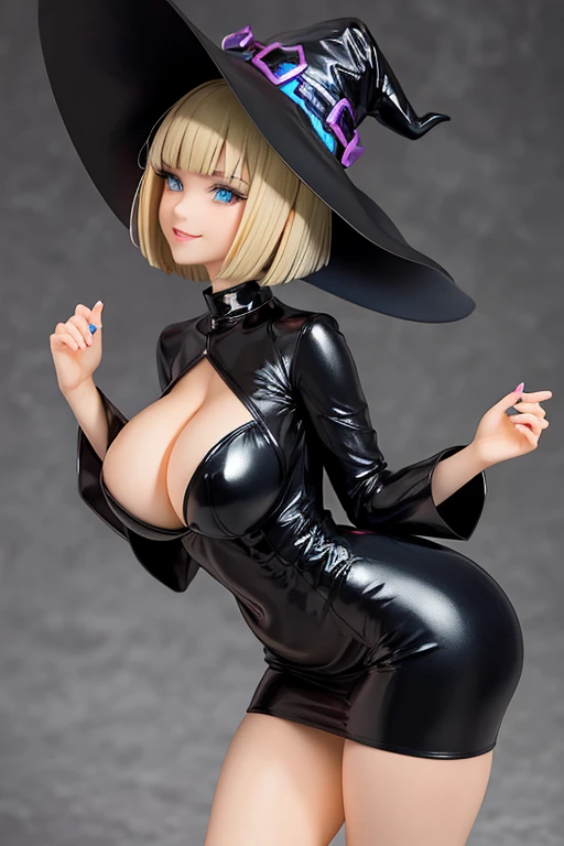 Figure, witch, sexy pose, big breasts, big ass, iridescent black witch hat, iridescent black sexy dress, blonde bob haircut, smile