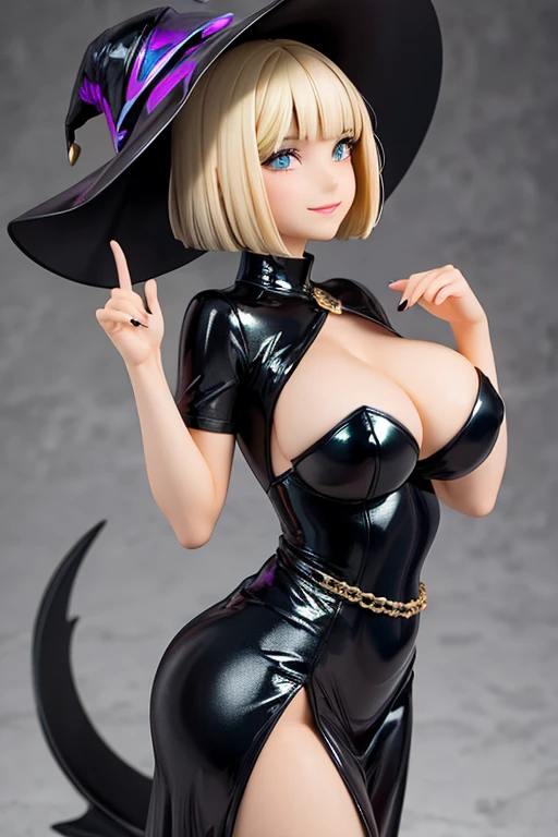 Figure, witch, sexy pose, big breasts, big ass, iridescent black witch hat, iridescent black sexy dress, blonde bob haircut, smile
