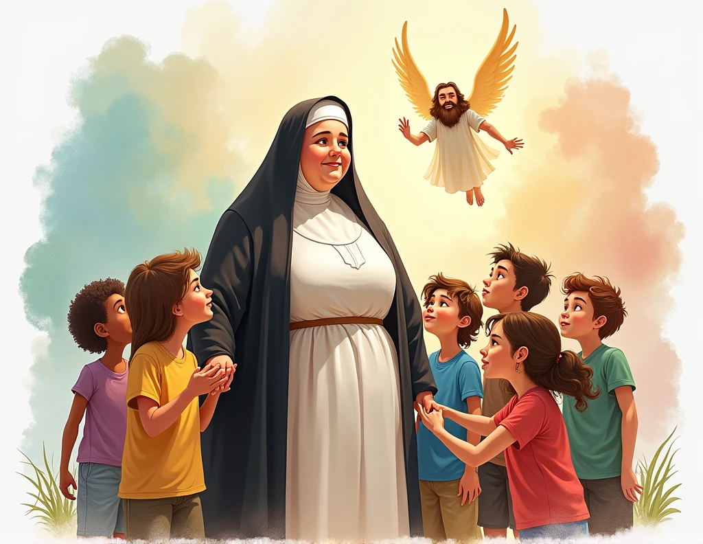 Nun painted in an animated watercolor style, full body, with children holding her hand, watching her and helping others, with God above and her also helping others, but a little chubby.