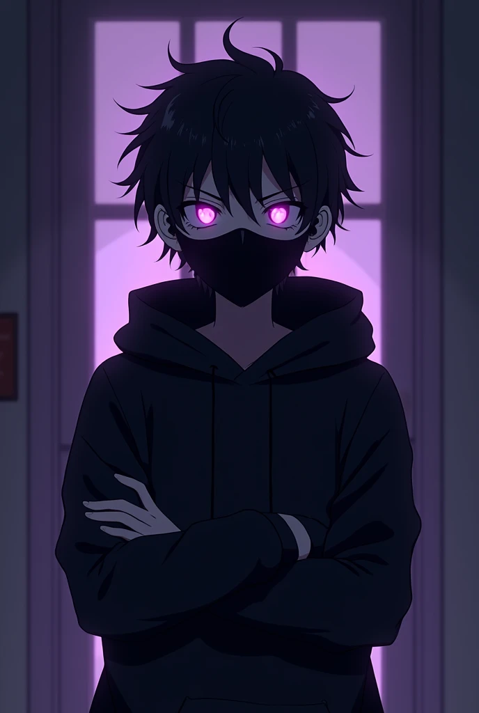 Appearance: hacker looking forward , 2d anime style , with short wavy hair , with a dark face with black hair standing on end. He wears a black mask that covers part of his face and small headphones in his ears.. He has a happy face and his arms crossed. , its general appearance is gloomy , recalling an ethereal and dark presence. eyeballs: Intense and illuminated purples, increasing its mysterious and frightening aura. Clothing: Wears a black sweatshirt that enhances his shadow appearance. Personalidade: Exudes a calm and calculating demeanor, rarely loses composure. His glowing purple eyes and shadow-like appearance contribute to his enigmatic and unsettling presence.. history: Carries a dark past that shaped his menacing aura, with his hidden face and glowing eyes suggesting a deep inner conflict between light and darkness.