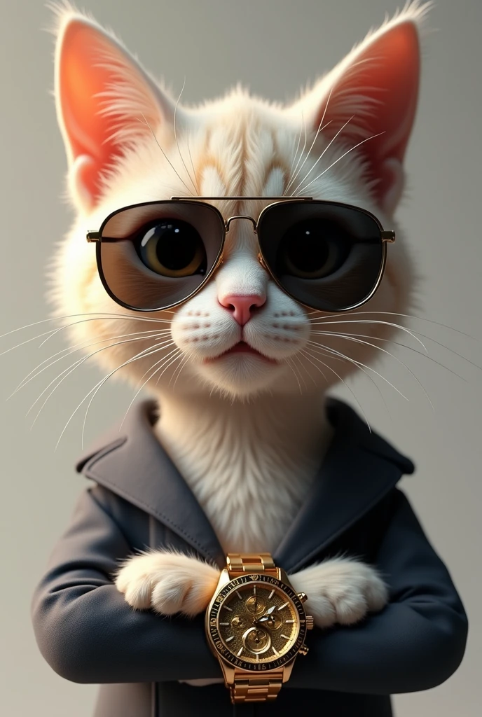 Cat wearing sunglasses and gold watch in 3D