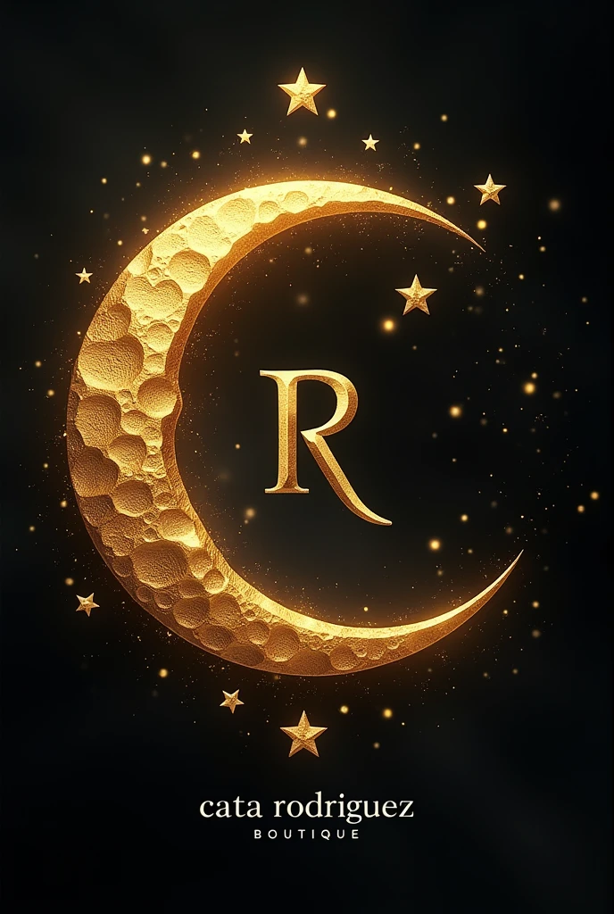 A gothic crescent moon with golden color with stars, In the middle the letter R and at the bottom the phrase CATA RODRÍGUEZ BOUTIQUE 