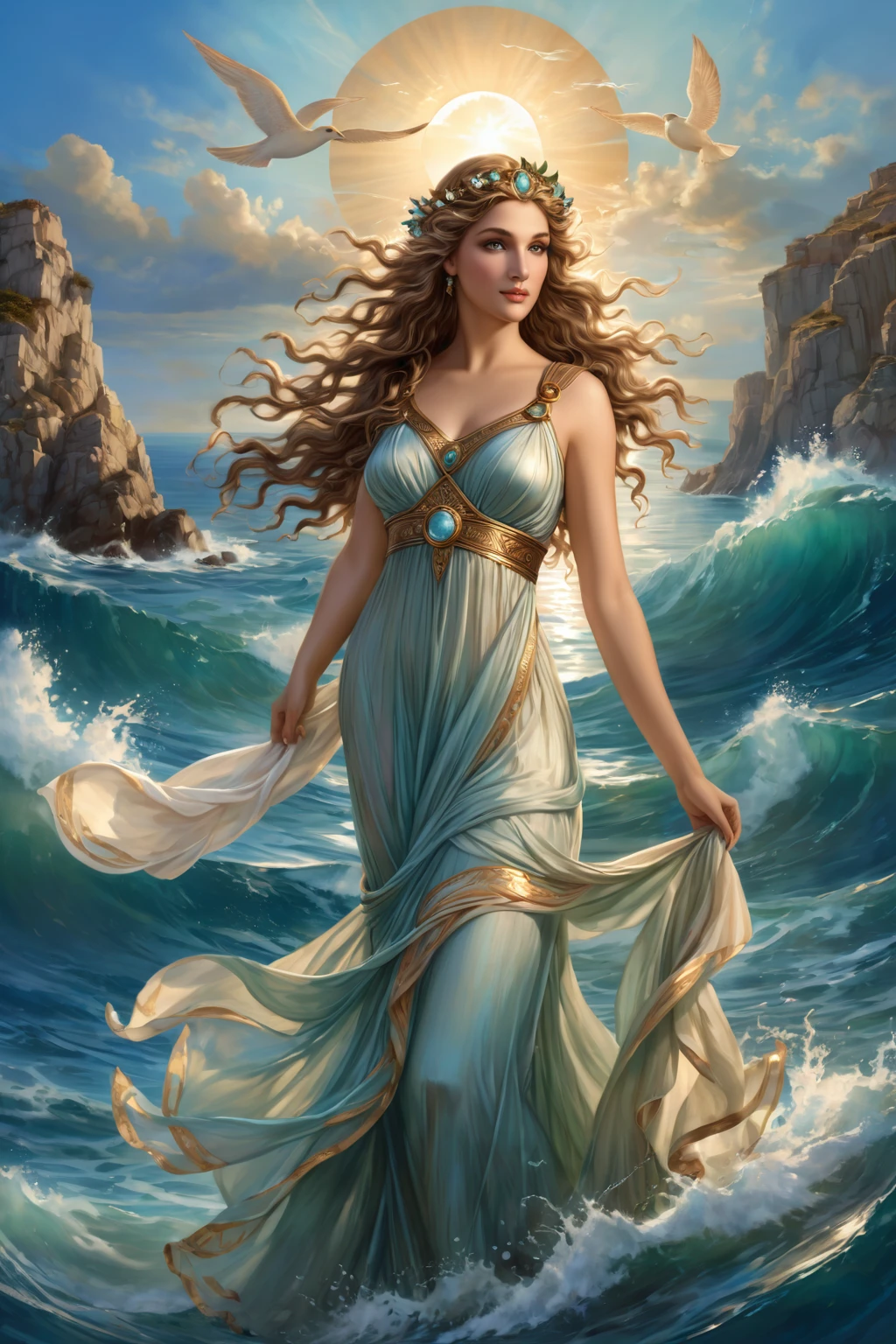 gorgeous goddess, goddess of greek mythology, aphrodite goddess of love, goddess of the sea, Greek goddess, beautiful maiden, beautiful leo goddess, magali villeneuve&#39;, fantasy woman, goddess of the ocean, goddess of travel, by Alexander Kucharsky