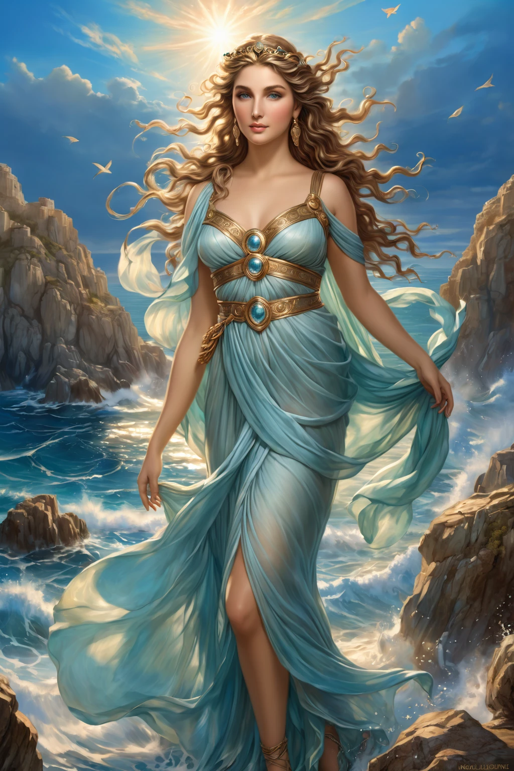 gorgeous goddess, goddess of greek mythology, aphrodite goddess of love, goddess of the sea, Greek goddess, beautiful maiden, beautiful leo goddess, magali villeneuve', fantasy woman, goddess of the ocean, goddess of travel, by Alexander Kucharsky