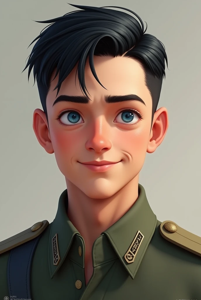 create a realistic image of an eighteen-year-old military man with black hair and blue eyes, smiling and cheerful