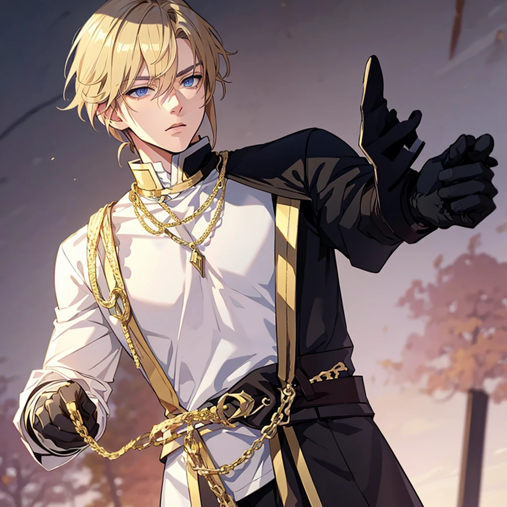 Anime attractive man, 20 year old, blonde hair, very very short ponytail, tall, muscular, white casual shirt, gold lining, solo, one person, knight, black gloves, golden arm bracers, high resolution, high quality, masterpiece, masculine face, gold necklaces.