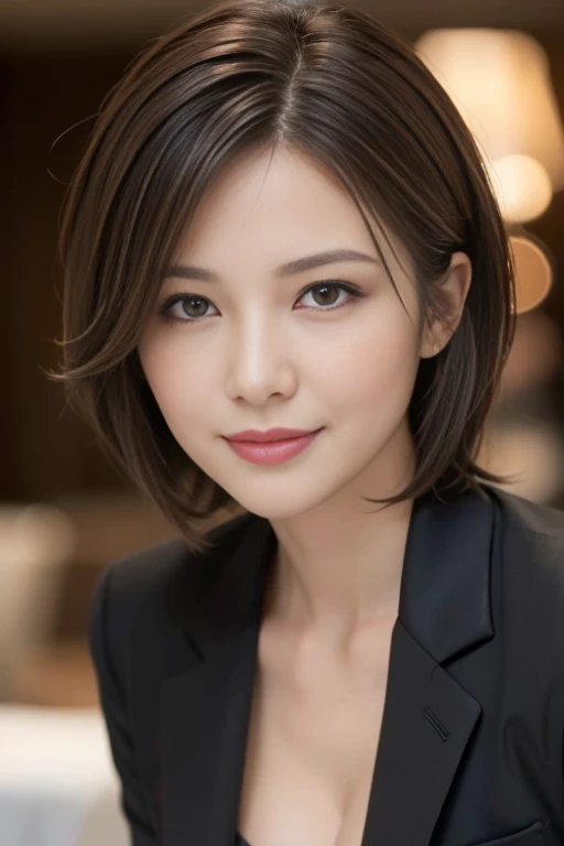 Tabletop, Highest quality, Realistic, Very detailed, High resolution, 8k wallpaper, One beautiful woman, (Look forward and look at the camera), Light brown short hair, symmetrical hair, Wear a black business suit, Sharp focus, Perfect dynamic composition, Beautiful and detailed, Thinning hair, Detailed Realistic skin texture, smile, Model body type, Shapely breasts