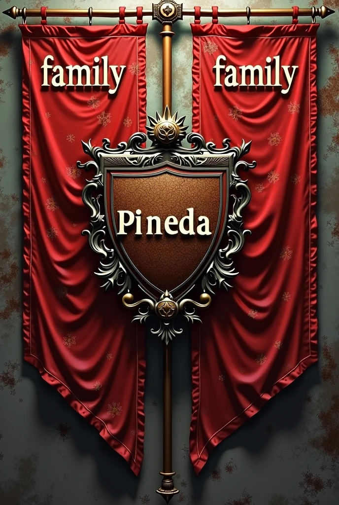 Family war crest with two red flags in the background that say family and the crest says Pineda