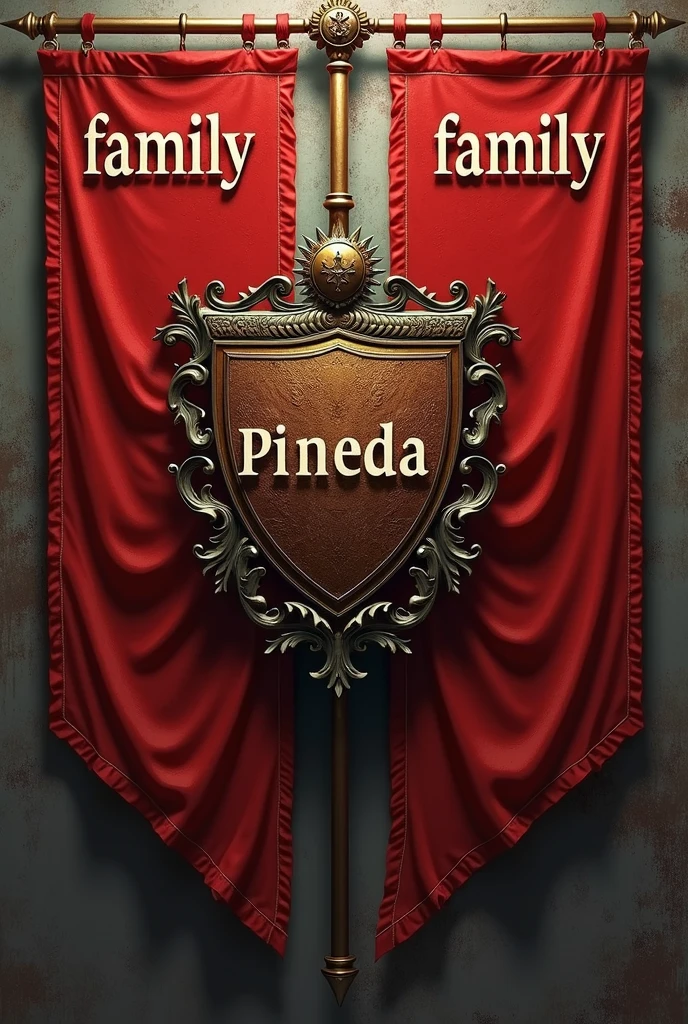 Family war crest with two red flags in the background that say family and the crest says Pineda