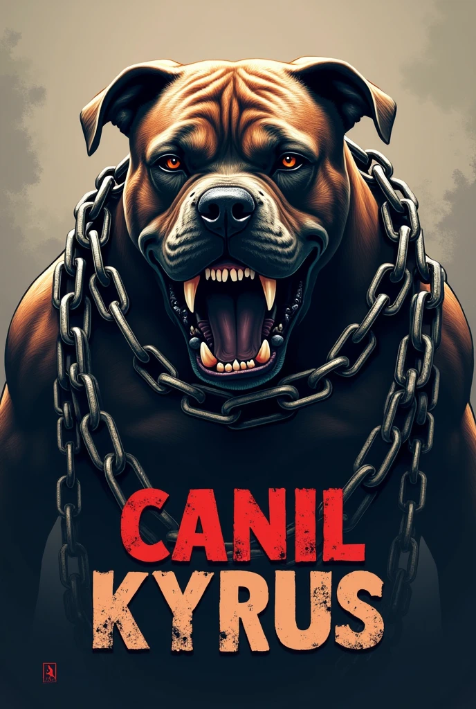 Make an image of a logo with an angry American Bully with some chains with the name Canil Kyrus