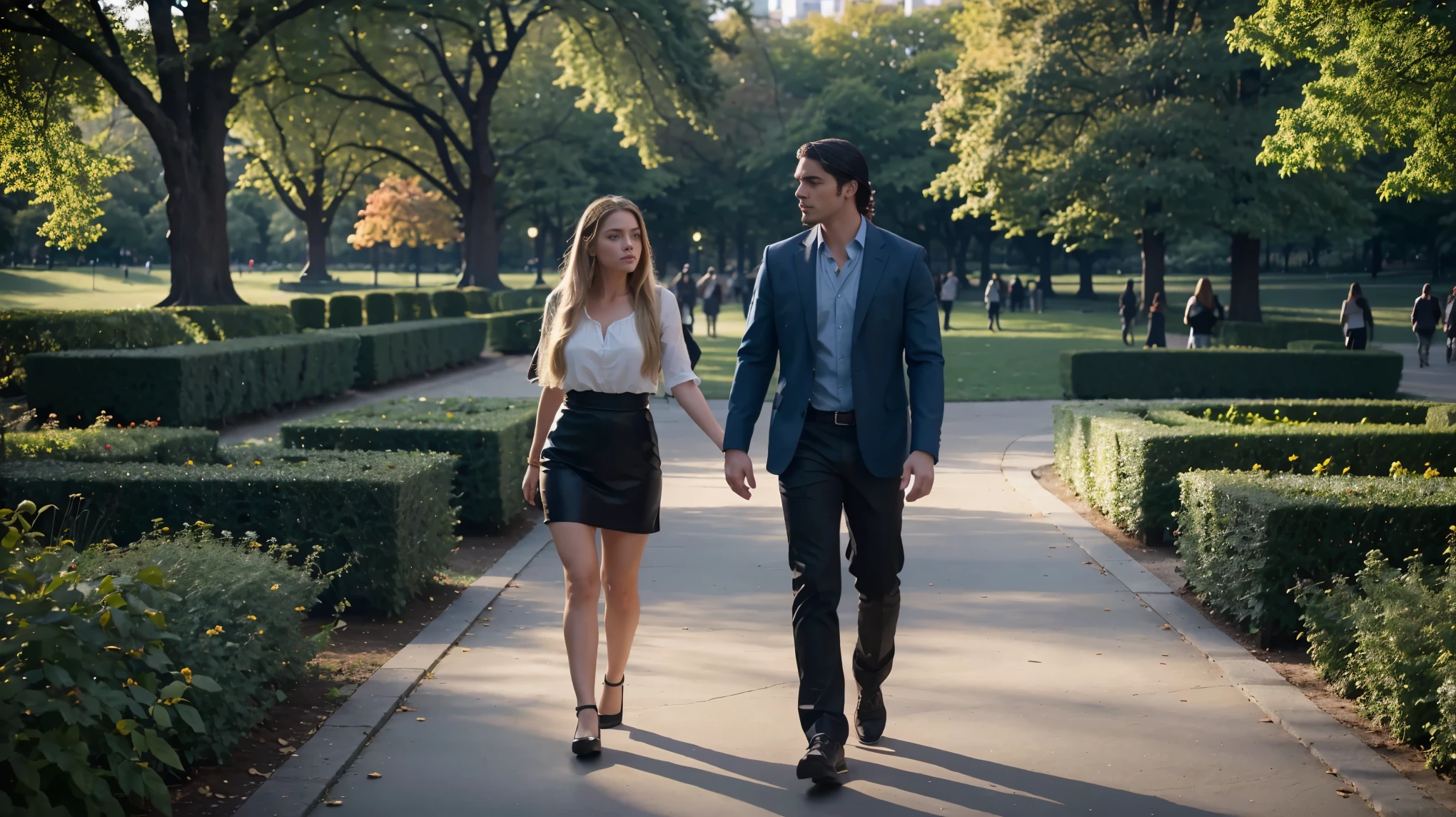 nice latin girl long blond hair, intense blue eyes,walking with her boy friend short black hair, on the gardens of the central park uhd, cinematic 16k