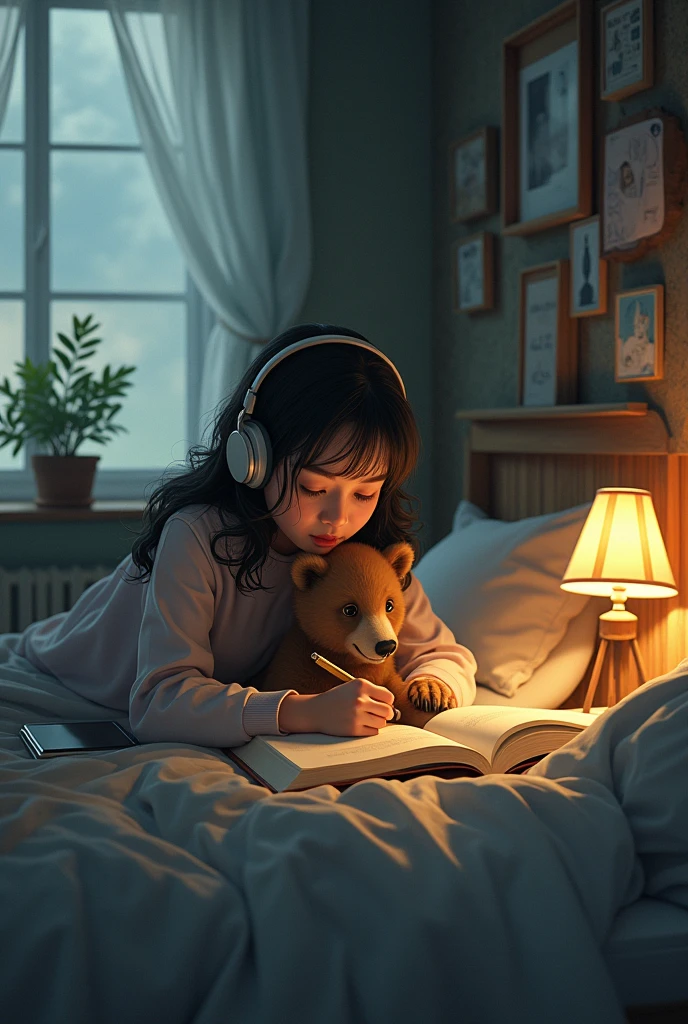 I need a lofi image where a young woman studies inside her room with headphones, and there is a bear cub next to her