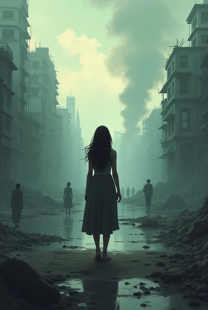 I don't have the family I have. A woman with her back turned looking at a scene of destruction where unknown people are (book cover)