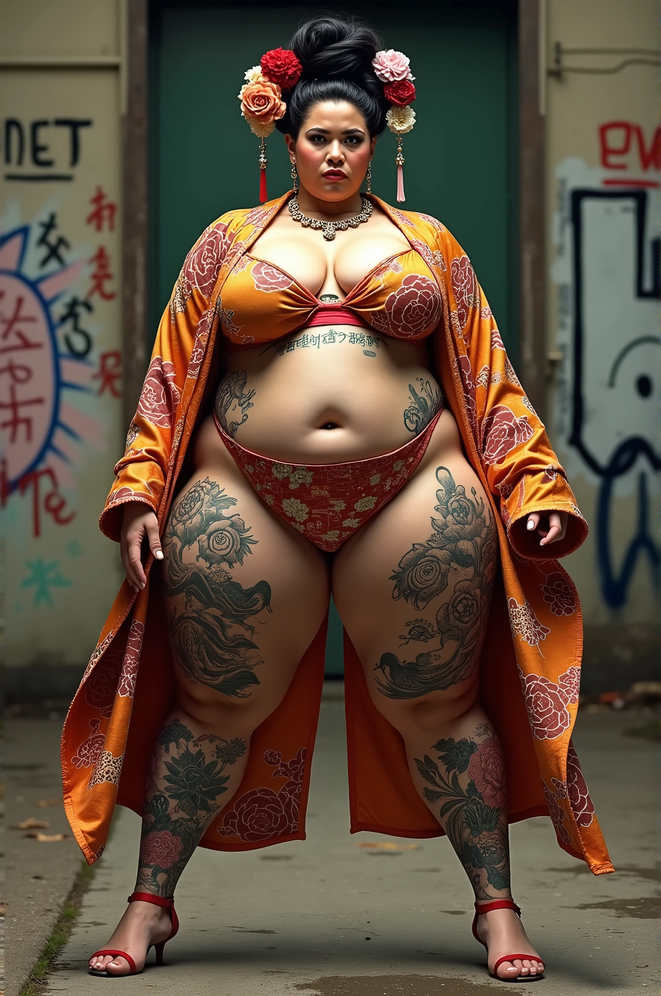 real life big fat mom kimono、geisha、oiran、bodybuilder、housewife,sex slave_tattoo,oily ,Dirty talk、graffiti、Seeding Press,Dirty talk graffiti on body、Seeding Press,40 years old,(masterpiece, best quality:1.2), 1girl, solo,do sumo-style leg stomps,Big Tit,、Big Butt,Armpit Hair、
,muscular、busty,hentai