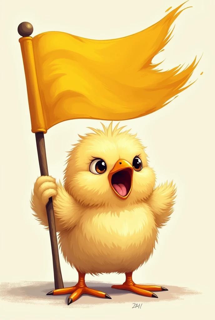 A very angry chick carrying a waving yellow flag
