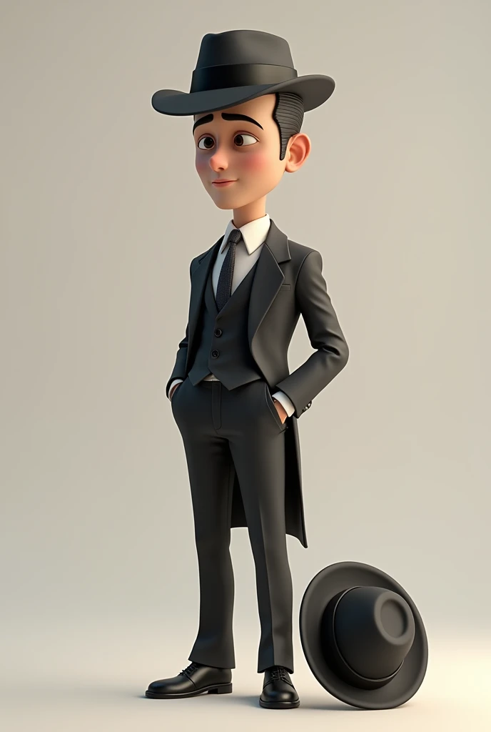 3d animated drawing elegant gentleman man with fallen hat, necktie, Suit