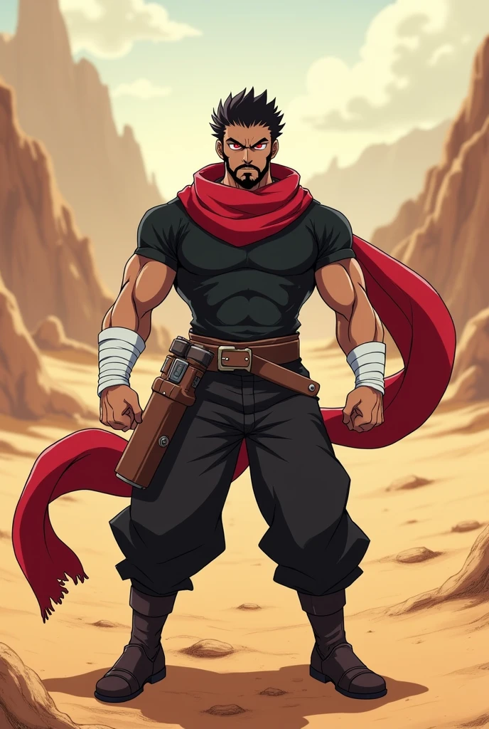 anime character:
male gender, black short hair, short beard, Eyes red, brown skin color.
Wears white bands tied around his arms.
His outfit is a black t-shirt, black pants, leather boots, long red scarf.
medium muscle shape.
is in a fighting position.
the background is in the desert.