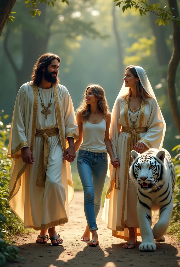 JesusChrist (wearing white robes with gold details and sandals), Mary your mother (using veil, a white robe with gold details, sandals and a rosary in hand) and a blue-eyed woman, brown hair but with light highlights (wearing jeans, a light blue tank top and cloud flip flops) being between Jesus and Mary, deep in a forest near a lake, where they are walking hand in hand, all with a happy expression while their white tiger friend accompanies them. 