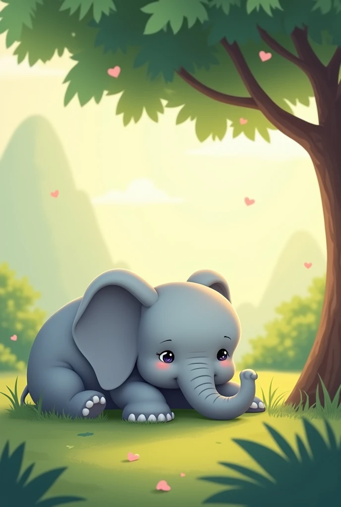 2d, Simple and cute, with gentle colors like a picture book , 8k, Highest quality,cute,Big anime eyes,木の下で休んでいるelephant (image: elephant, Shade, Fatigue)Fatigueている様子