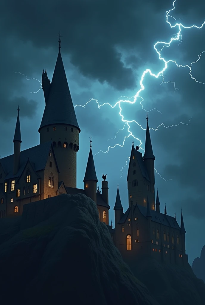 make hogwarts castle with a little owl perched on top in the middle of the night with lightning in the sky
