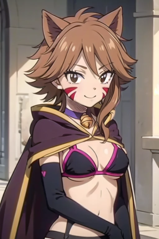 MILLIANNA, brown hair, brown hair, facial mark, whisker markings, cat ears, bikini, black bra, cape, elbow gloves, striped thighhighs, collar (or choker), bell, lingerie, garter belt, boots, cat tail, 1girl, solo, facing viewer, looking at viewer, upper body, smile