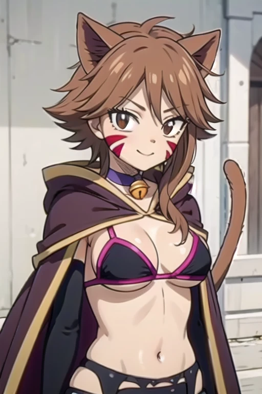 MILLIANNA, brown hair, brown hair, facial mark, whisker markings, cat ears, bikini, black bra, cape, elbow gloves, striped thighhighs, collar (or choker), bell, lingerie, garter belt, boots, cat tail, 1girl, solo, facing viewer, looking at viewer, upper body, smile