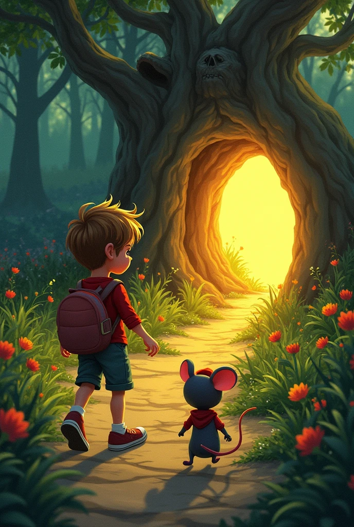 Leo (( child boy))) e Remy ((animal mouse wearing red hat)) following the path through the garden, coming to an old tree and, Finally, to a small cave glowing with a golden light.