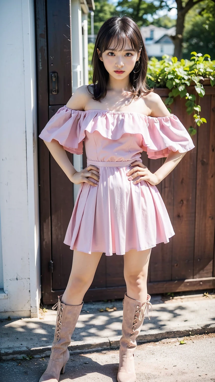 (8k、RAW Photos、Highest quality、masterpiece:1.2)、(Realistic、Realistic)、1 person、((View from the front、Looking into the camera、pink、Off the shoulder、Mini Dress、boots、ee-through、Standing with one hand on hip、Dim lighting、))、cute