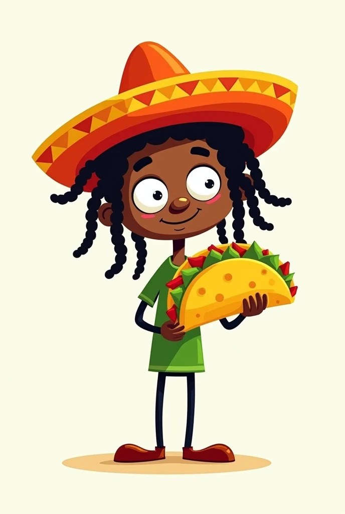 Create an image for Taco Mi Crazi, the body is a stick man holding a taco with a rastafarian hairstyle, bulging eyes wearing a sombrero. Ensure the body is a stick figure. No clothing.