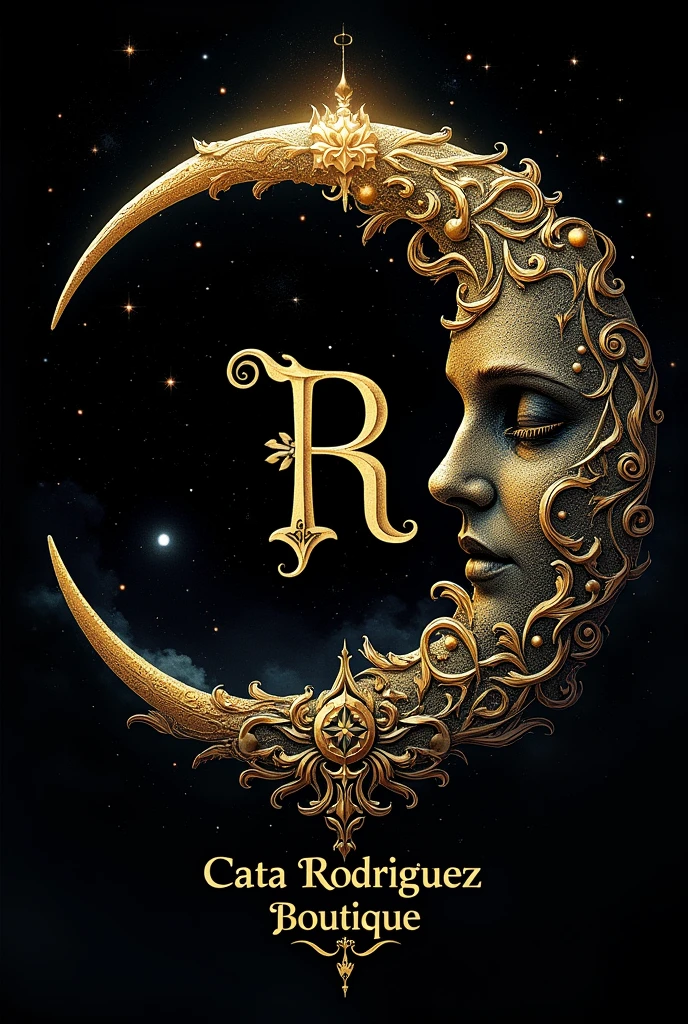 A gothic crescent moon with gold and black color with stars, In the middle the letter R and at the bottom the phrase CATA RODRÍGUEZ BOUTIQUE