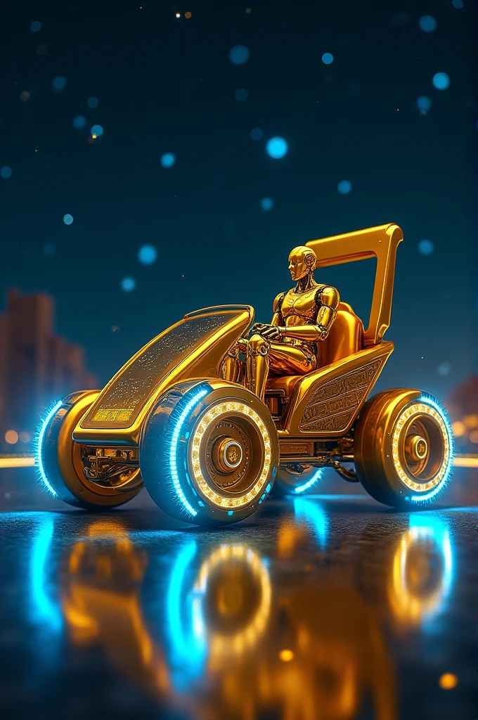 Golden chariot, decorated with hieroglyphics, It has a propeller on all 4 wheels that expels a bright blue fire , marca Lamborghini, with glass roof, Touch screen panel reflects the constellations and is driven by a robot made of gold. 