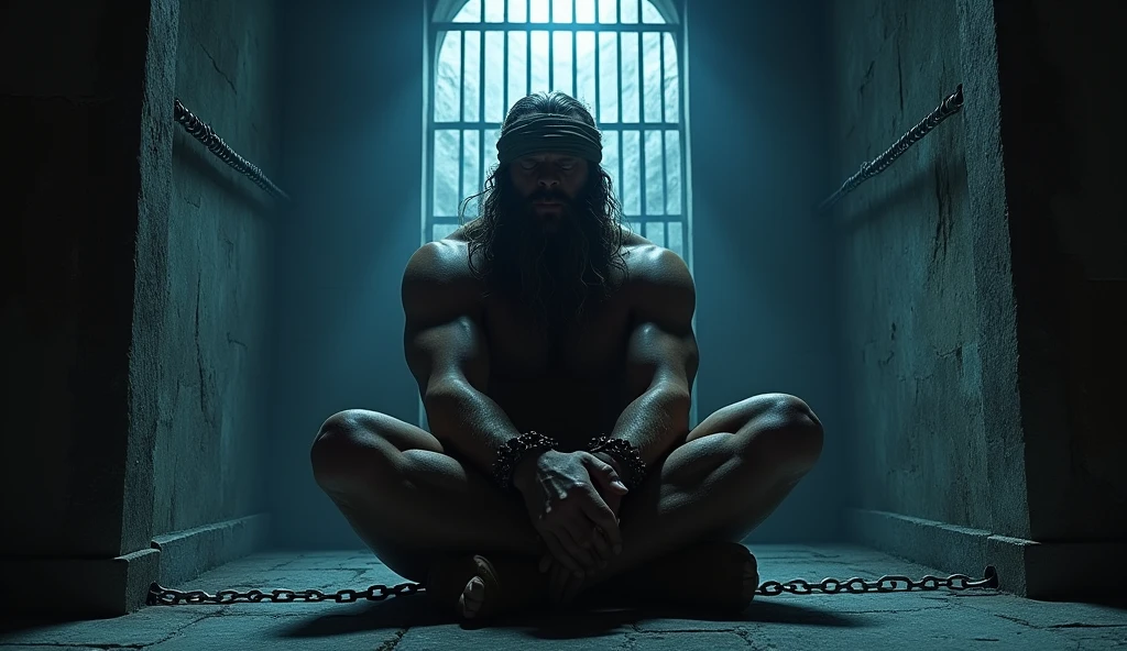 Samson captured, blindfolded and in chains, sitting in a dark cell. The light coming through the grate illuminates your face, that expresses sadness and resignation. cold and dark colors, like blue and gray, emphasize the desolation.