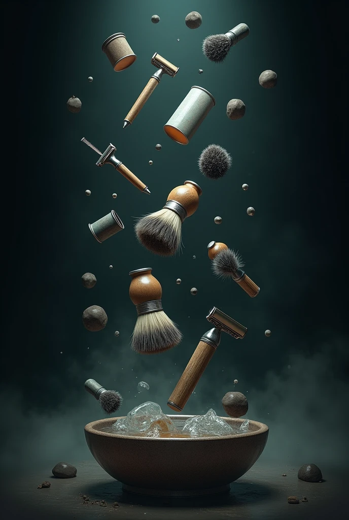 Black background with flying shaving things