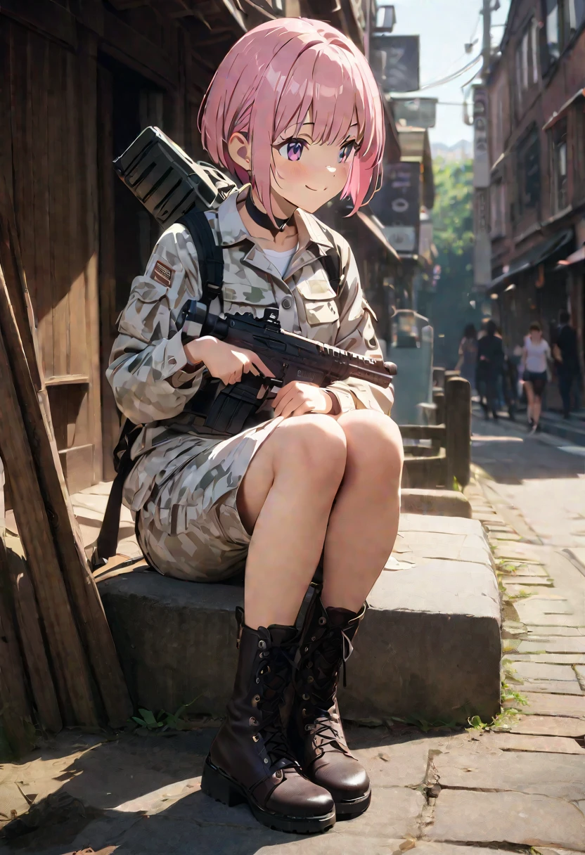 (Highest quality, 4K, 8k, High resolution, masterpiece:1.2), Very detailed, Picturesque, Anime-style photos, Photo animation:1.37)、Japanese、(Pink Hair)、(Pixie Cut)、smile、trench、Black choker、White camouflage jacket、White camouflage pants 、White camouflage helmet、Lace-up boots、Assault rifle、Full body photo、Nakano Ichika