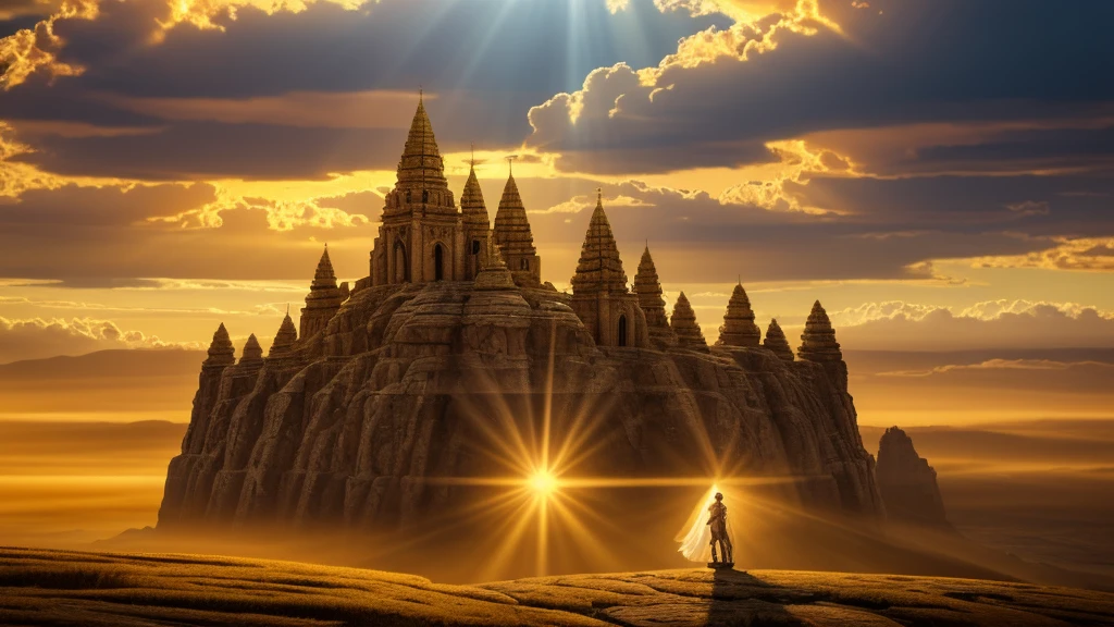 The image depicts an epic and dramatic fantasy scene. In the center, a colossal golden-winged creature, resembling a phoenix or a divine bird, is soaring majestically through the sky. Its wings are spread wide, casting radiant beams of golden light that pierce through the thick, tumultuous clouds. The light illuminates the scene, creating a powerful and almost holy atmosphere. Below, two armored figures stand on the ground, gazing up at the creature in awe. They appear to be warriors, possibly on a quest or preparing for a significant battle. Their surroundings are dominated by a massive, ancient-looking stone structure, adorned with intricate carvings and symbols. The structure towers over the landscape, adding to the grandeur and mystique of the setting. The sky is filled with swirling clouds, and the entire scene is bathed in a warm, golden hue, emphasizing the otherworldly and awe-inspiring nature of the moment. The image evokes a sense of epic confrontation, divine intervention, or a climactic moment in a larger narrative.
